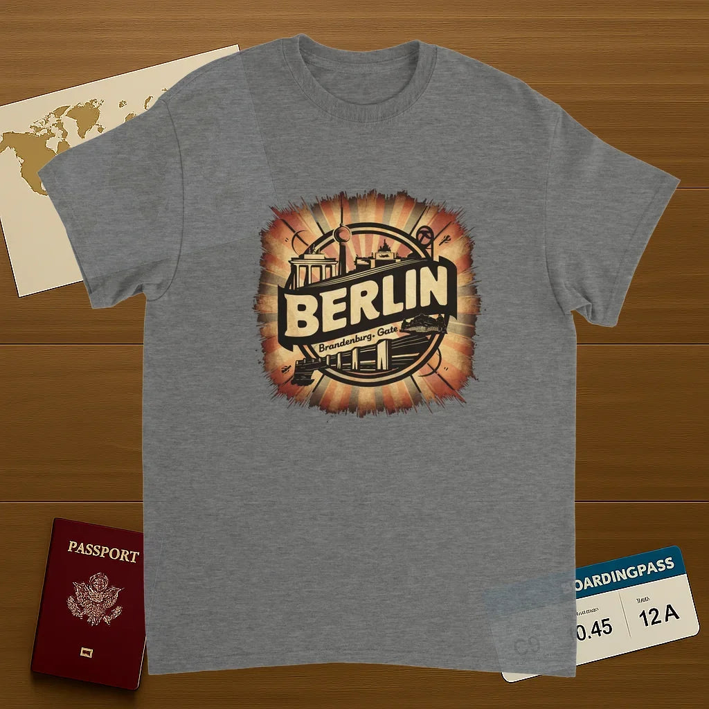 sport grey Berlin Germany Unisex Travel T-Shirt on wooden background with world map, passport, and boarding pass