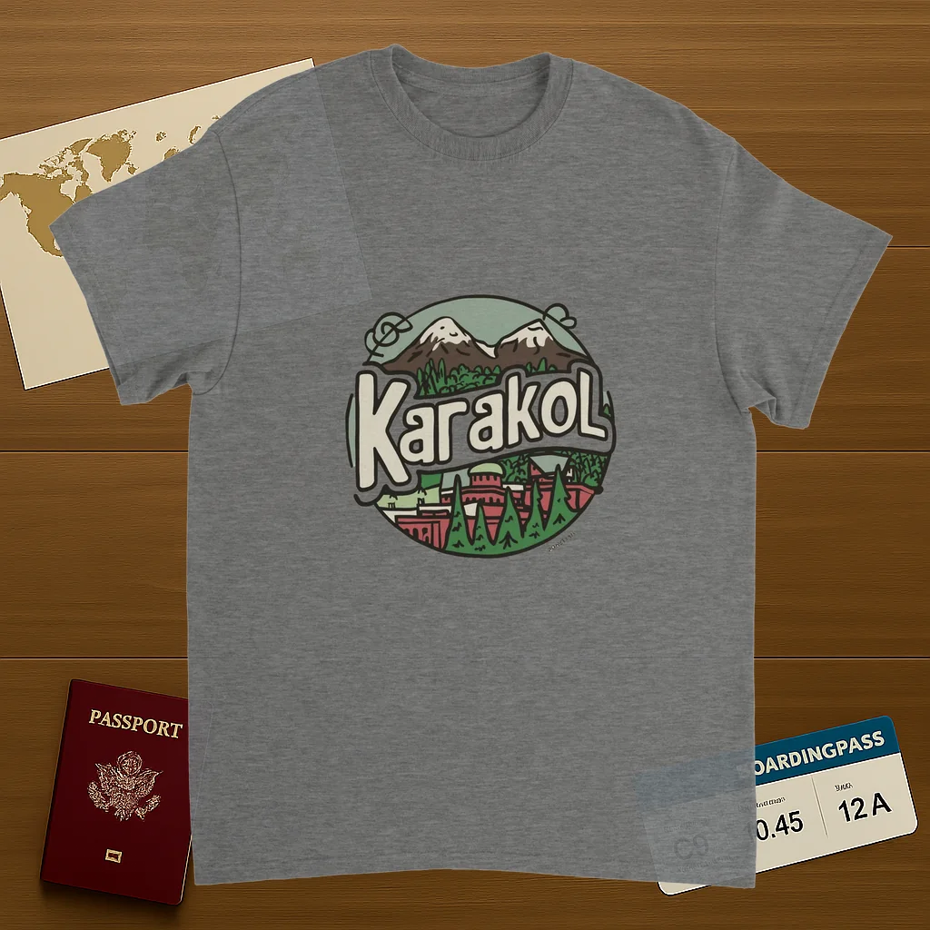 sport grey Karakol Kyrgyzstan Unisex Travel T-Shirt on wooden background with world map, passport, and boarding pass