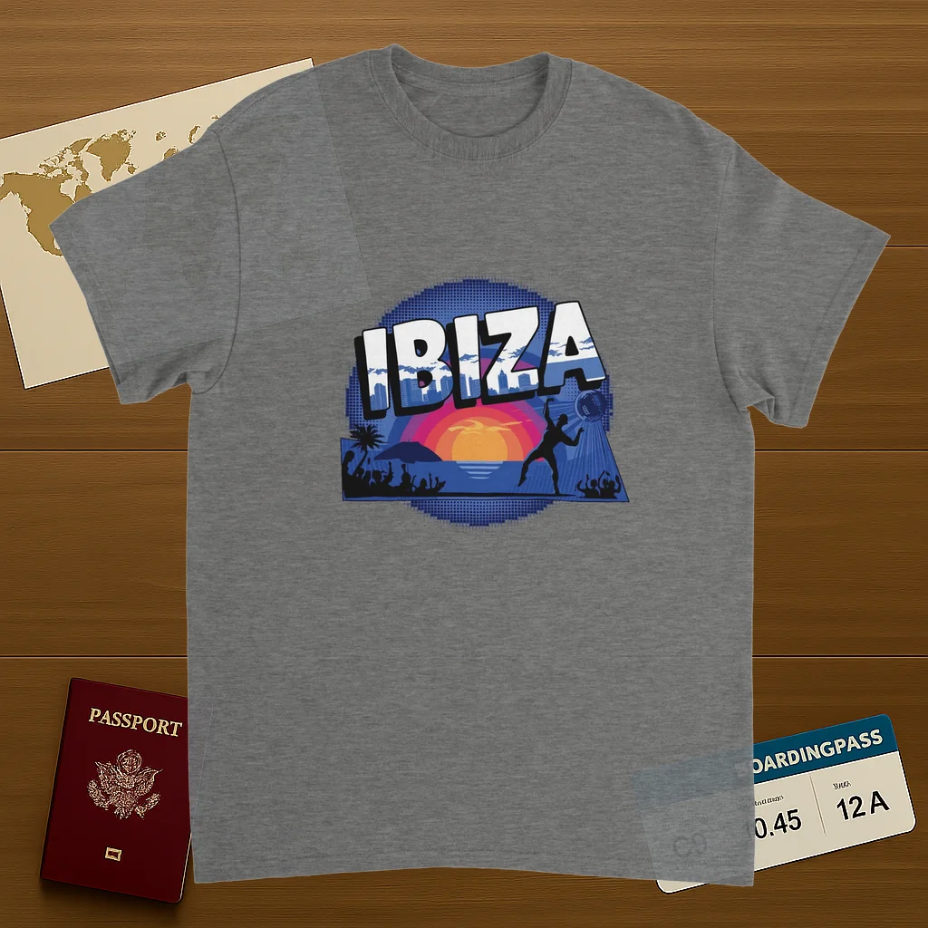 sport grey Ibiza Unisex Travel T-Shirt on wooden background with world map, passport, and boarding pass