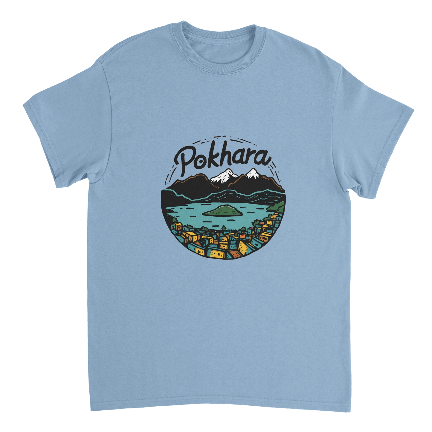 light blue Pokhara Nepal Unisex Travel T-Shirt perfect for travelers and gift seekers