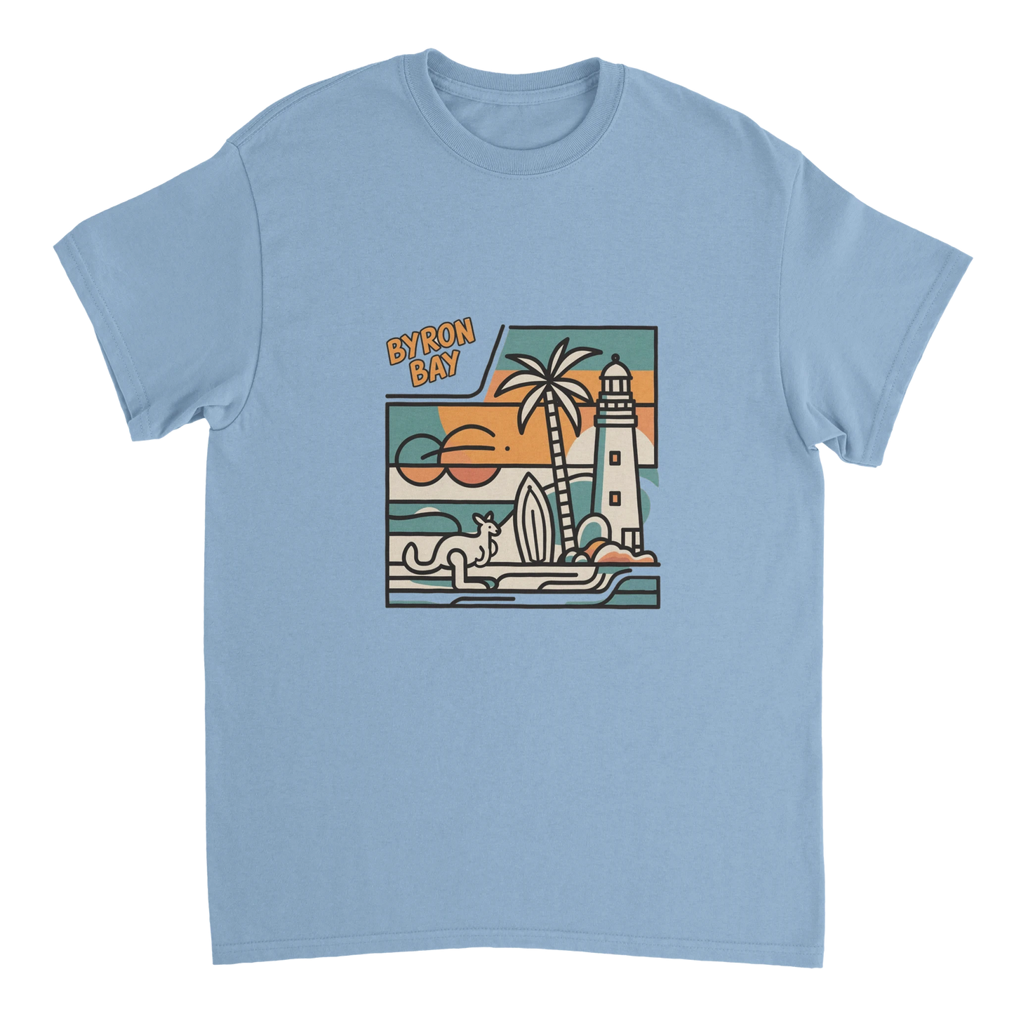 light blue Byron Bay Australia Unisex Travel T-Shirt perfect for travelers and gift seekers