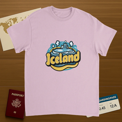 light pink Iceland Unisex Travel T-Shirt on wooden background with world map, passport, and boarding pass
