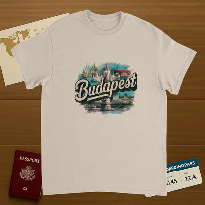 Budapest Hungary Unisex Travel T-Shirt on wooden background with world map, passport, and boarding pass