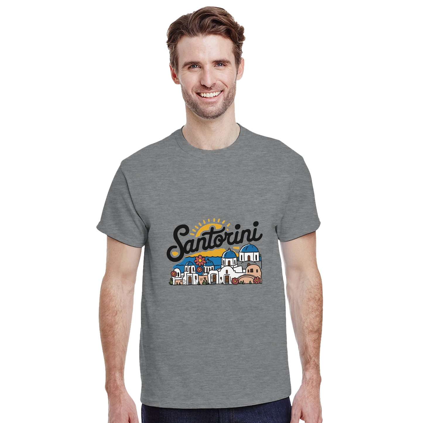 Santorini Greece Unisex Travel T-Shirt featuring a man perfect for travelers and gift seekers