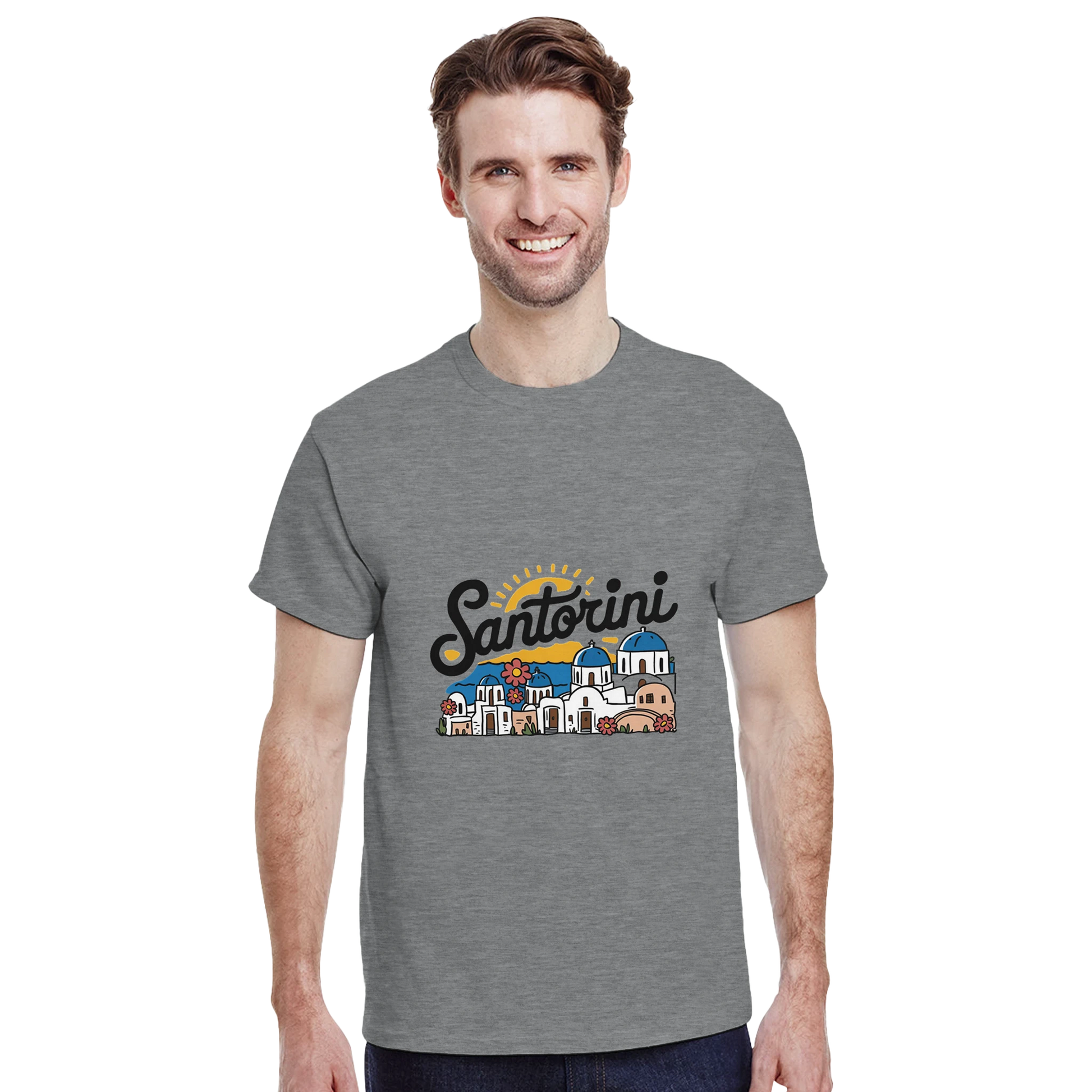 Santorini Greece Unisex Travel T-Shirt featuring a man perfect for travelers and gift seekers
