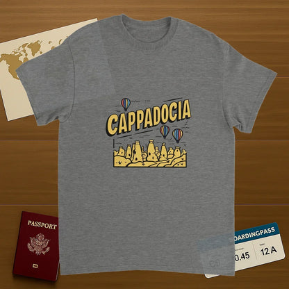 sport grey Cappadocia Turkey Unisex Travel T-Shirt on wooden background with world map, passport, and boarding pass