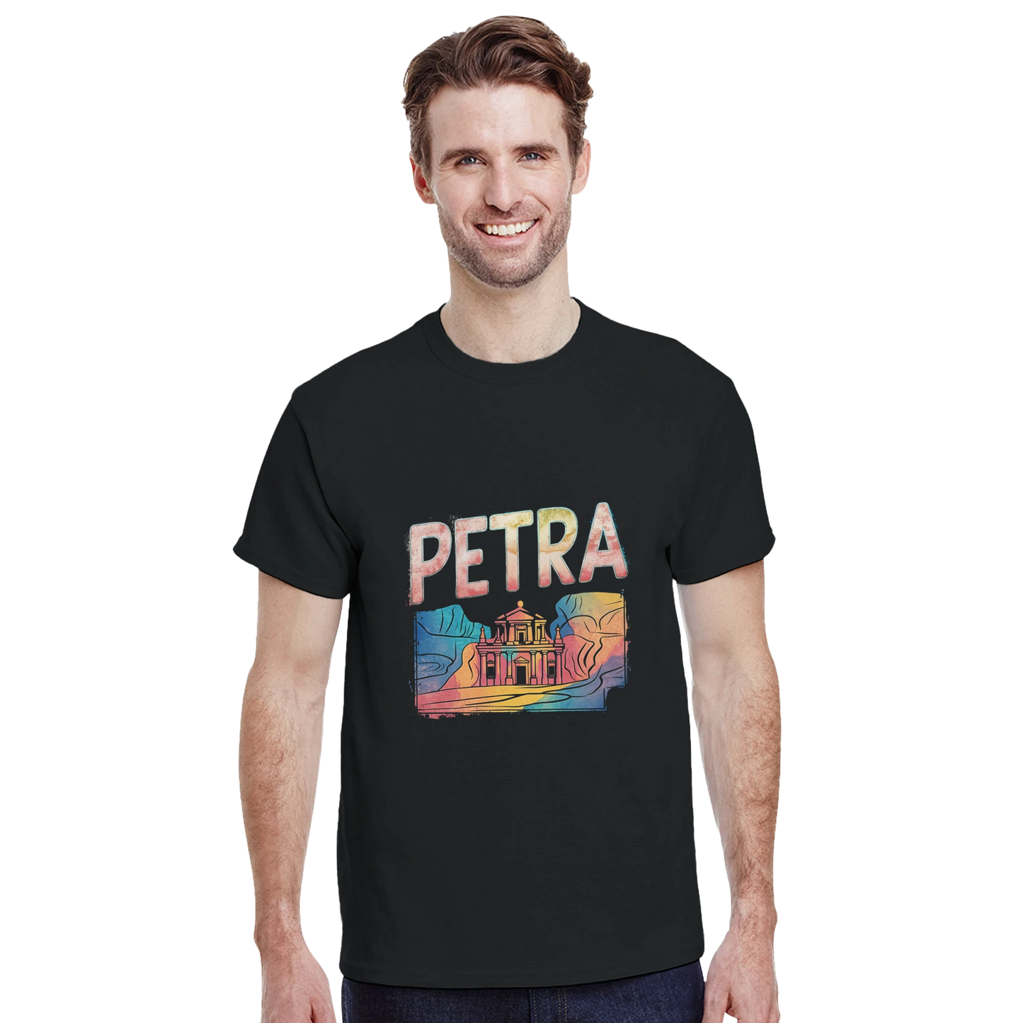 Petra Jordan Unisex Travel T-Shirt featuring a man perfect for travelers and gift seekers