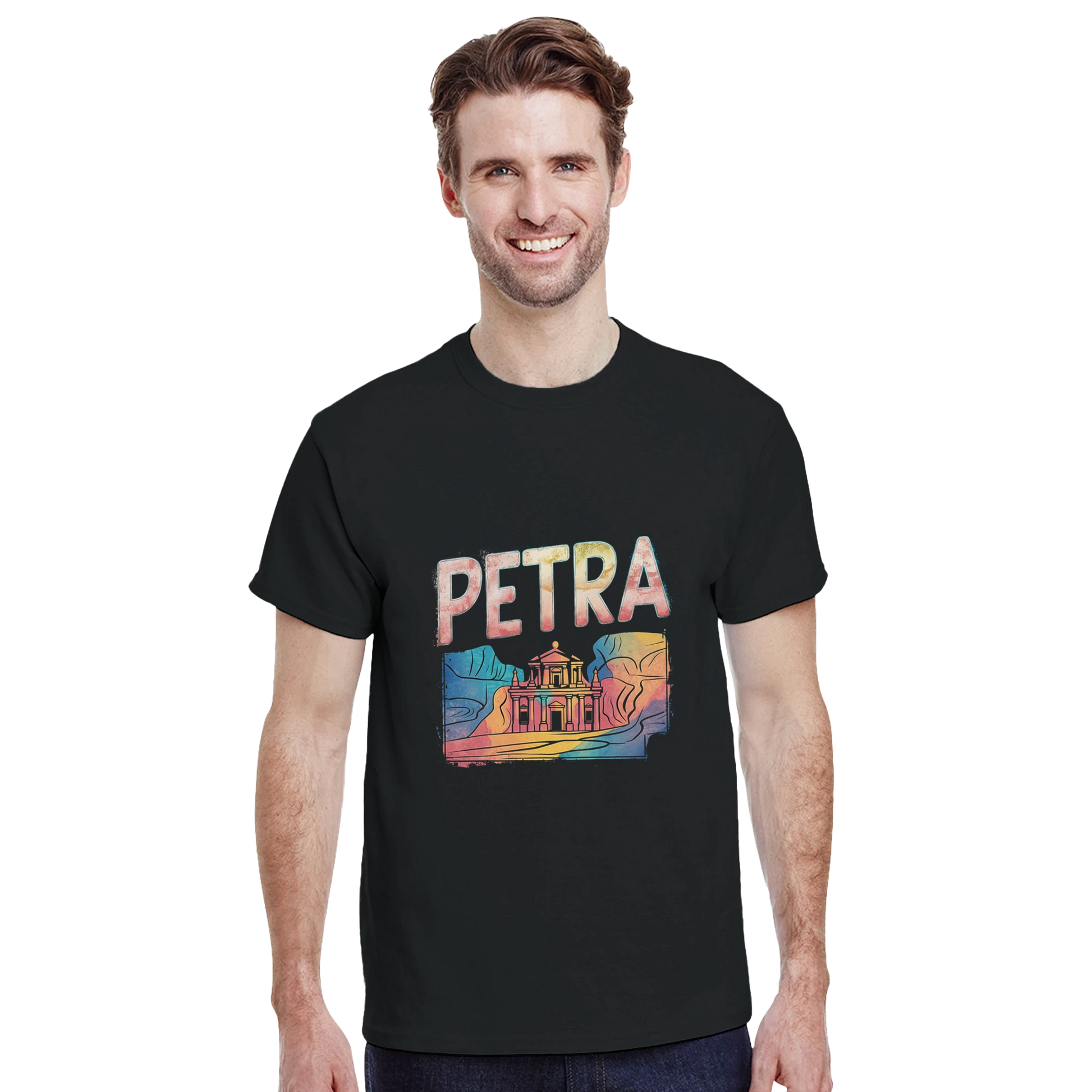 Petra Jordan Unisex Travel T-Shirt featuring a man perfect for travelers and gift seekers