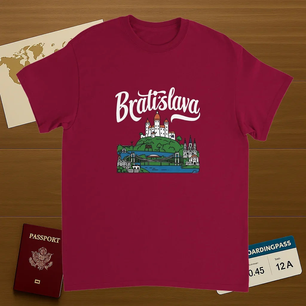 cardinal red Bratislava Slovakia Unisex Travel T-Shirt on wooden background with world map, passport, and boarding pass