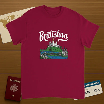 cardinal red Bratislava Slovakia Unisex Travel T-Shirt on wooden background with world map, passport, and boarding pass