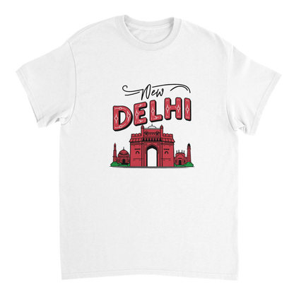 white New Delhi India Unisex Travel T-Shirt perfect for travelers and gift seekers