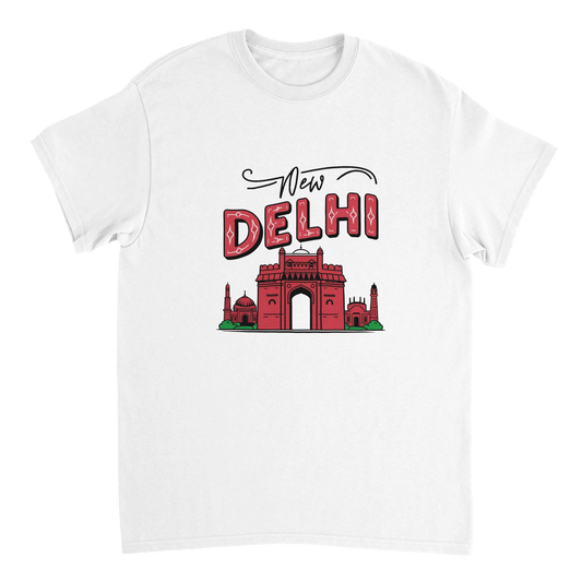white New Delhi India Unisex Travel T-Shirt perfect for travelers and gift seekers