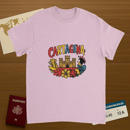 light pink Cartagena Colombia Unisex Travel T-Shirt on wooden background with world map, passport, and boarding pass