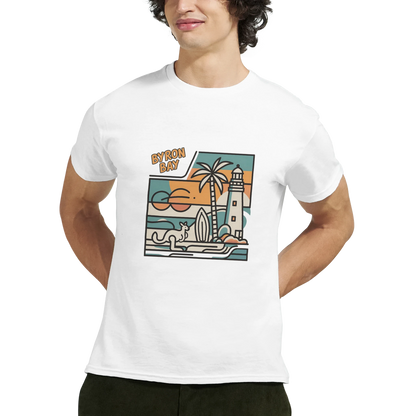 Byron Bay Australia Unisex Travel T-Shirt featuring a man perfect for travelers and gift seekers