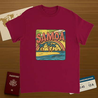 cardinal red Samoa Unisex Travel T-Shirt on wooden background with world map, passport, and boarding pass