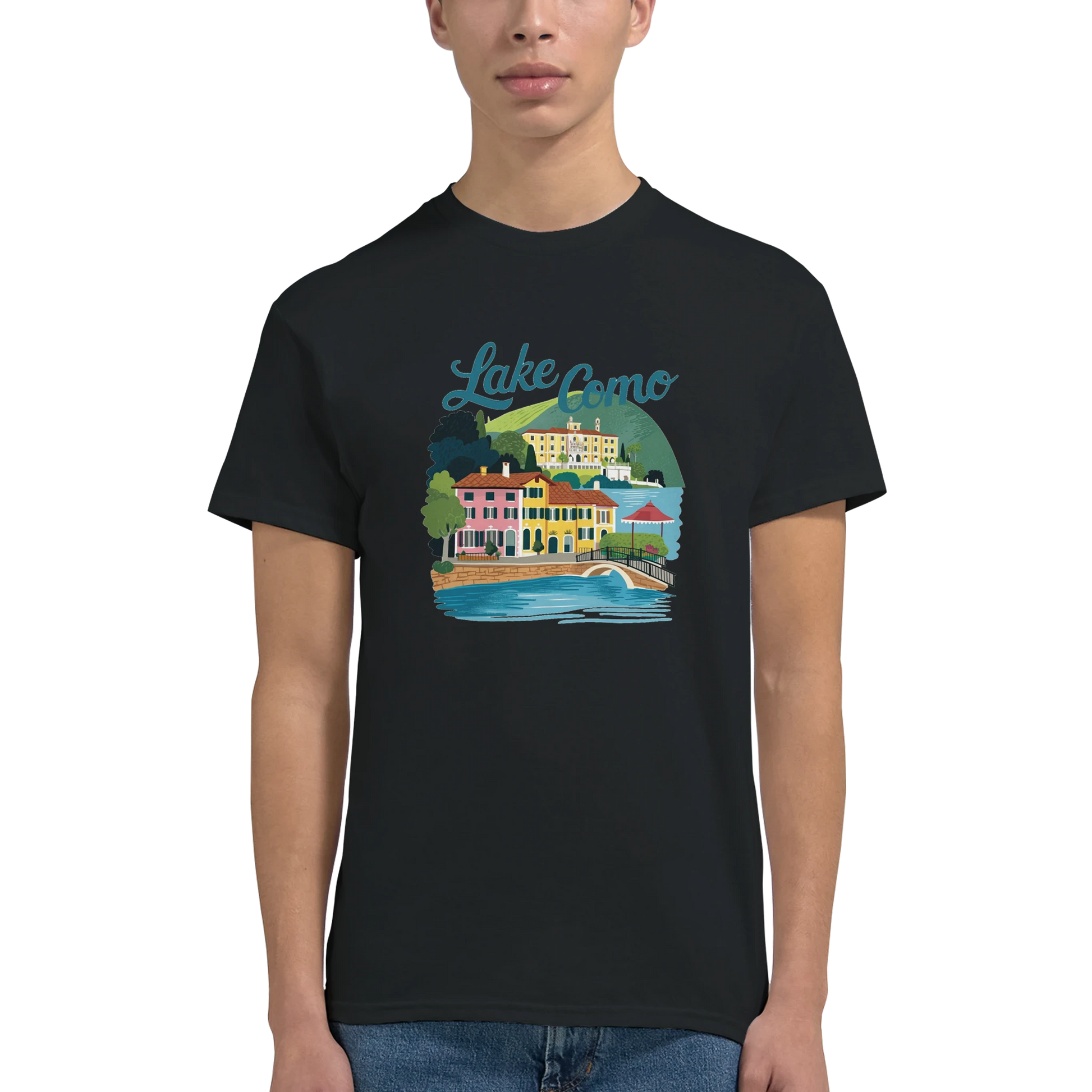 Lake Como Italy Unisex Travel T-Shirt featuring a man perfect for travelers and gift seekers