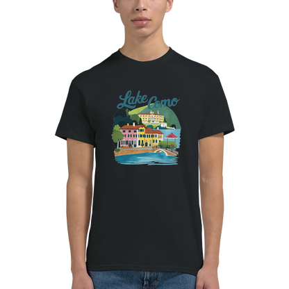 Lake Como Italy Unisex Travel T-Shirt featuring a man perfect for travelers and gift seekers