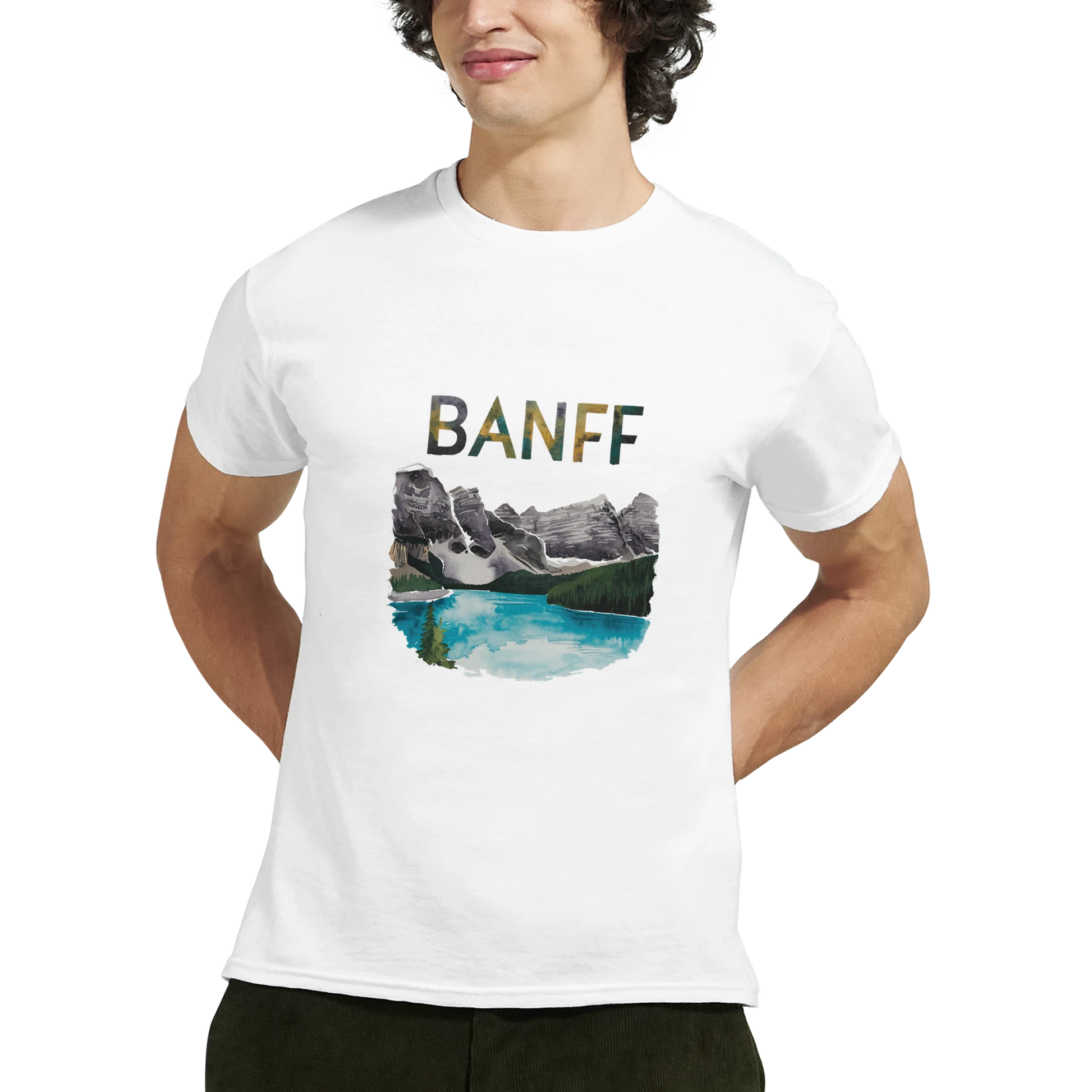 Banff Canada Unisex Travel T-Shirt featuring a man perfect for travelers and gift seekers