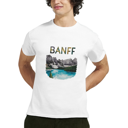 Banff Canada Unisex Travel T-Shirt featuring a man perfect for travelers and gift seekers