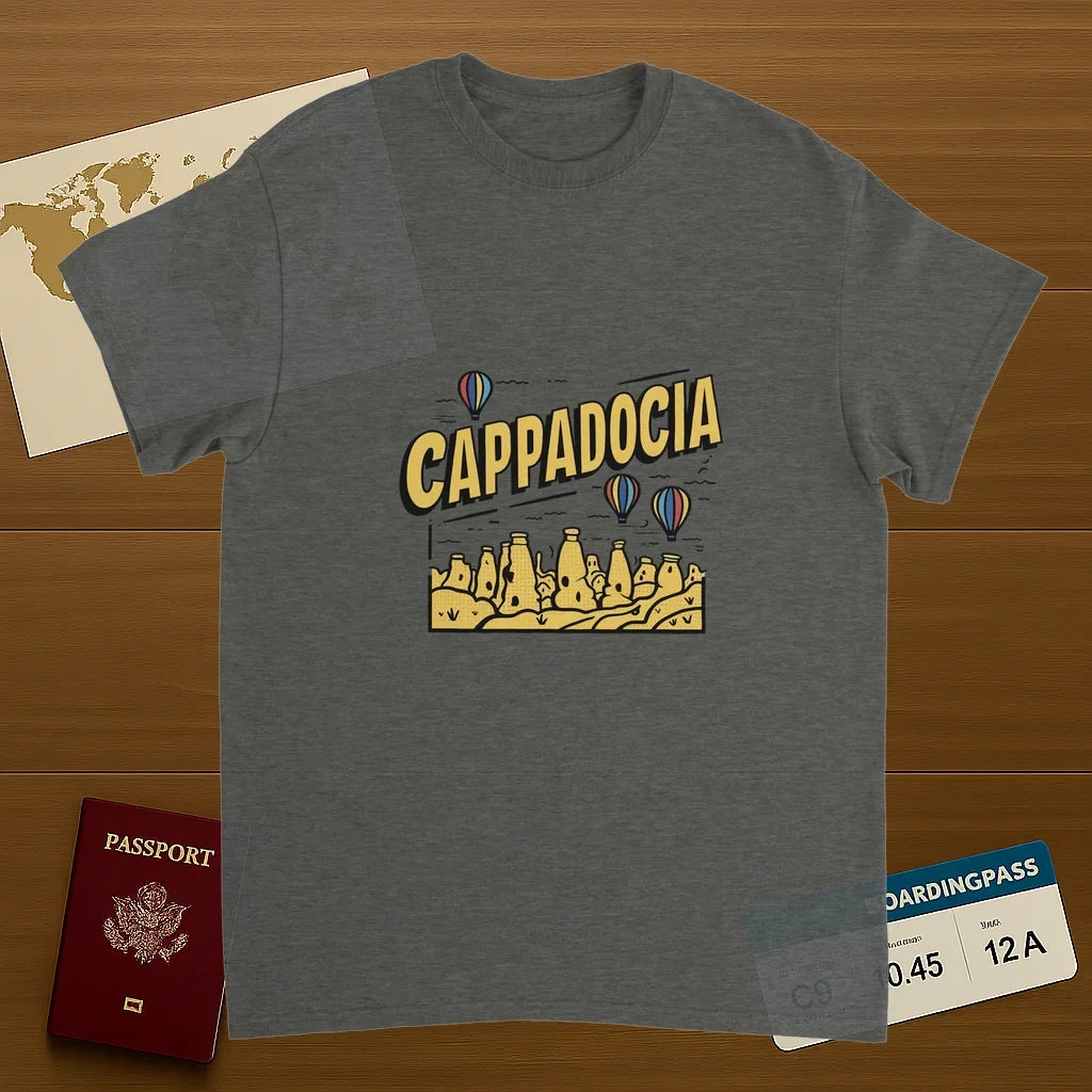 Cappadocia Turkey Unisex Travel T-Shirt on wooden background with world map, passport, and boarding pass