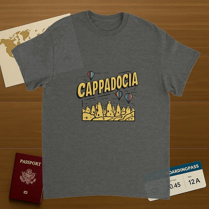 Cappadocia Turkey Unisex Travel T-Shirt on wooden background with world map, passport, and boarding pass