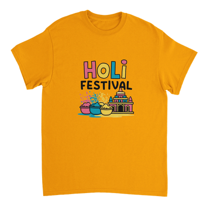 gold Holi Festival Mathura India Unisex Travel T-Shirt perfect for travelers and gift seekers