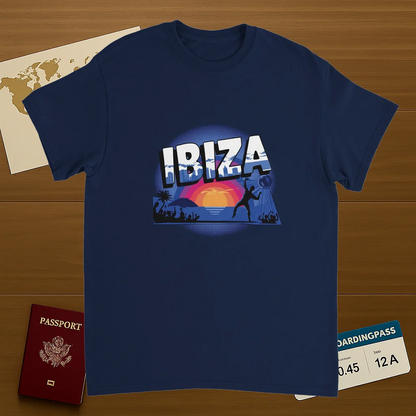 navy Ibiza Unisex Travel T-Shirt on wooden background with world map, passport, and boarding pass