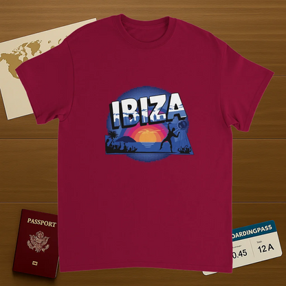cardinal red Ibiza Unisex Travel T-Shirt on wooden background with world map, passport, and boarding pass