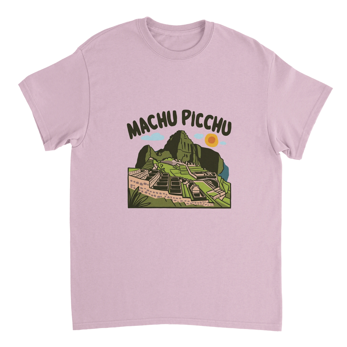light pink Machu Picchu Unisex Travel T-Shirt perfect for travelers and gift seekers