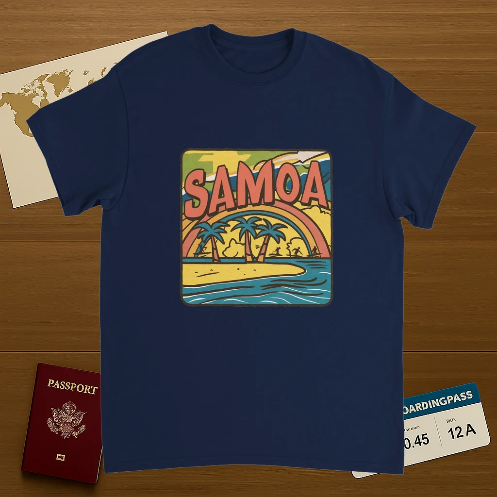 navy Samoa Unisex Travel T-Shirt on wooden background with world map, passport, and boarding pass