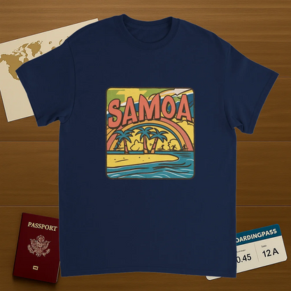 navy Samoa Unisex Travel T-Shirt on wooden background with world map, passport, and boarding pass