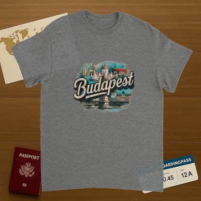 sport grey Budapest Hungary Unisex Travel T-Shirt on wooden background with world map, passport, and boarding pass