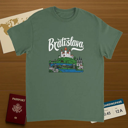 military green Bratislava Slovakia Unisex Travel T-Shirt on wooden background with world map, passport, and boarding pass