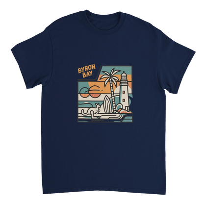 navy Byron Bay Australia Unisex Travel T-Shirt perfect for travelers and gift seekers