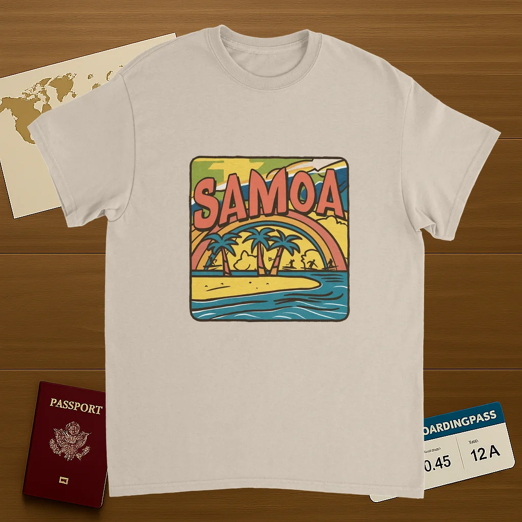 Samoa Unisex Travel T-Shirt on wooden background with world map, passport, and boarding pass