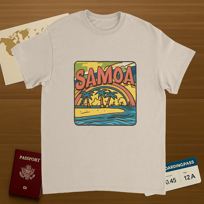 Samoa Unisex Travel T-Shirt on wooden background with world map, passport, and boarding pass
