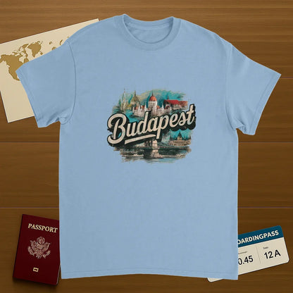 light blue Budapest Hungary Unisex Travel T-Shirt on wooden background with world map, passport, and boarding pass