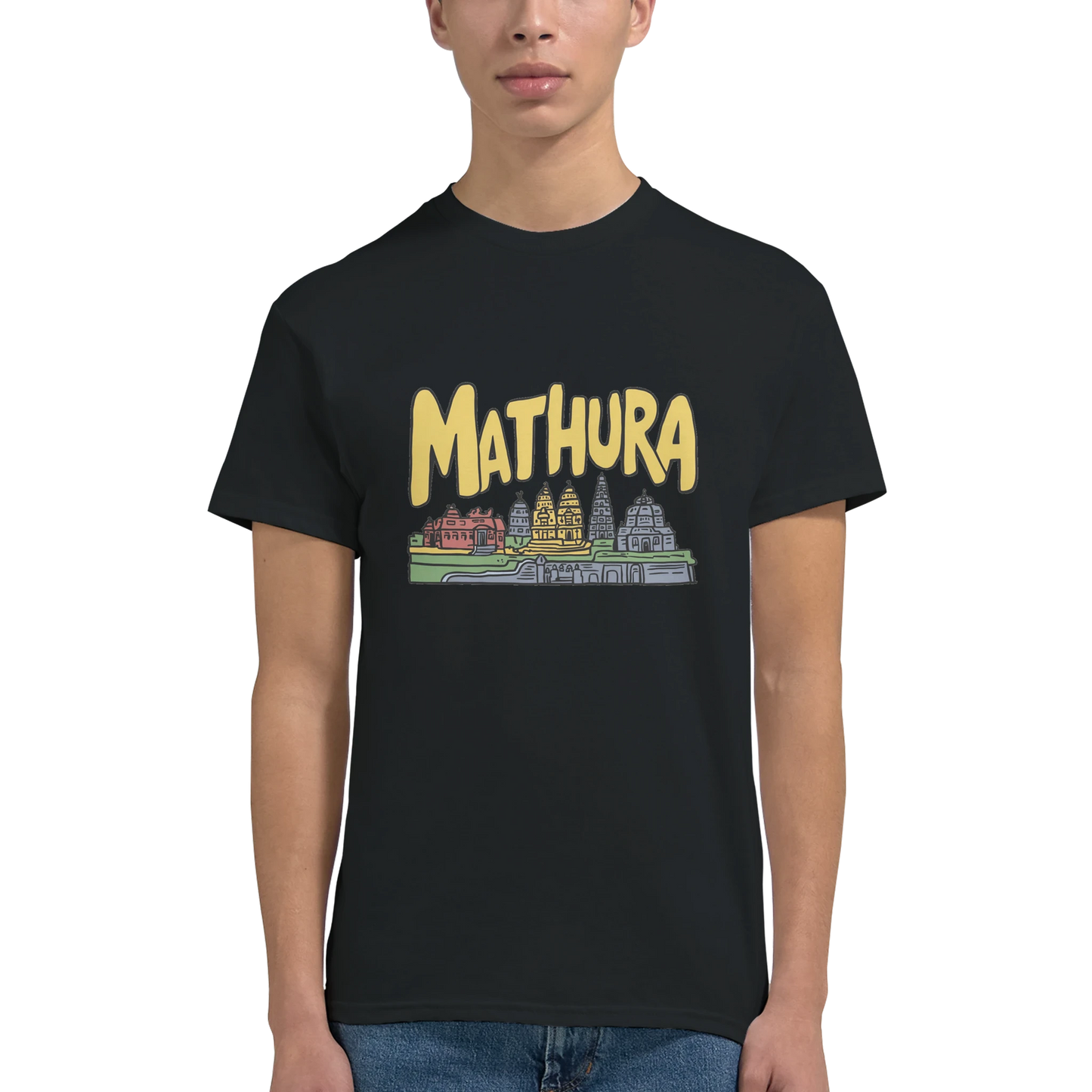 Mathura India Unisex Travel T-Shirt featuring a man perfect for travelers and gift seekers