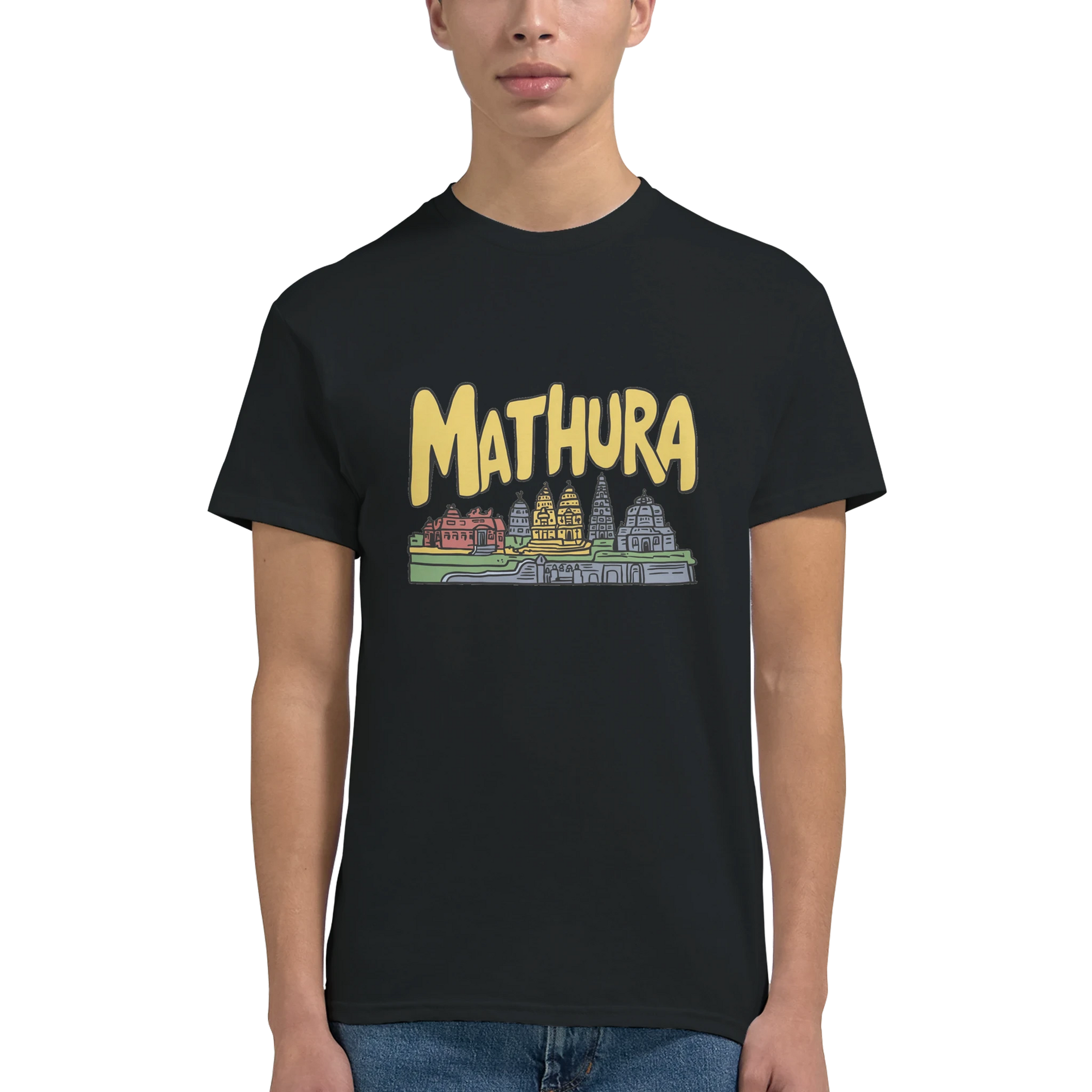 Mathura India Unisex Travel T-Shirt featuring a man perfect for travelers and gift seekers