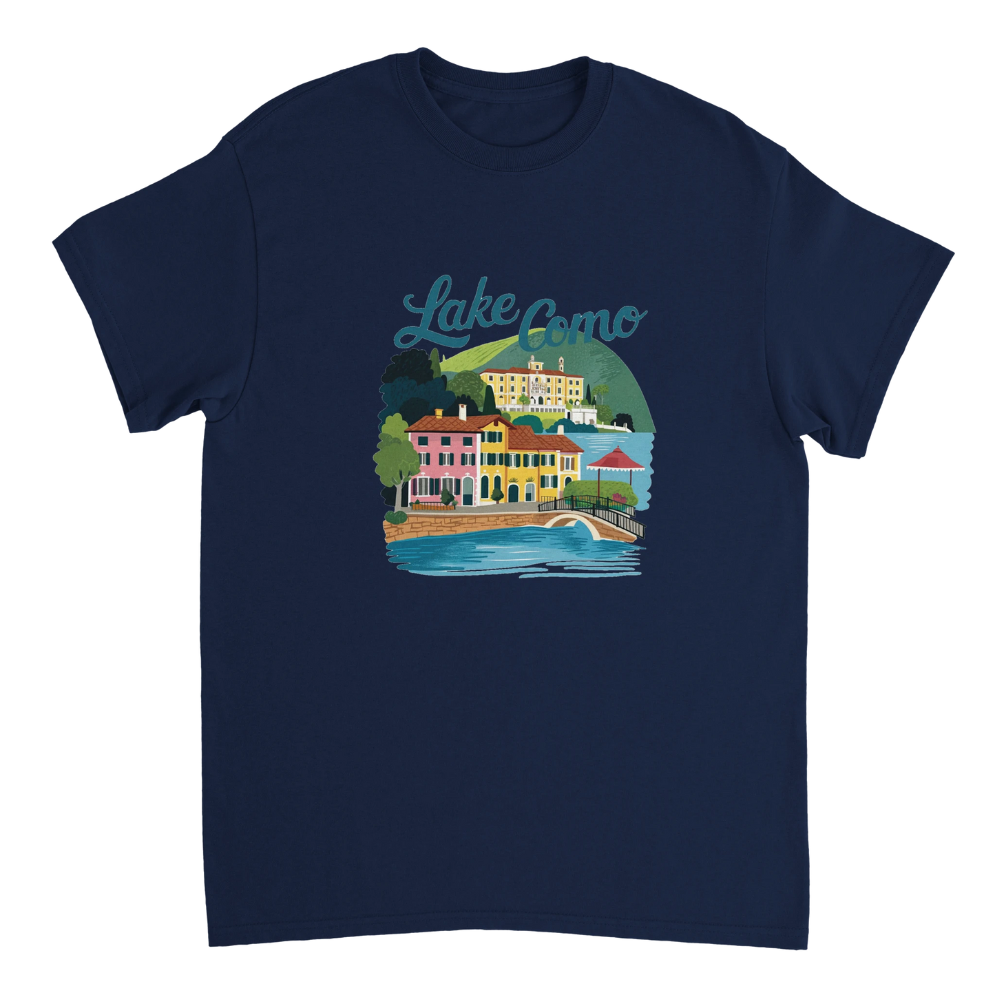navy Lake Como Italy Unisex Travel T-Shirt perfect for travelers and gift seekers