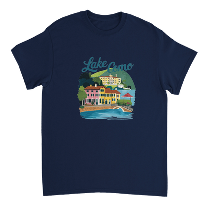 navy Lake Como Italy Unisex Travel T-Shirt perfect for travelers and gift seekers
