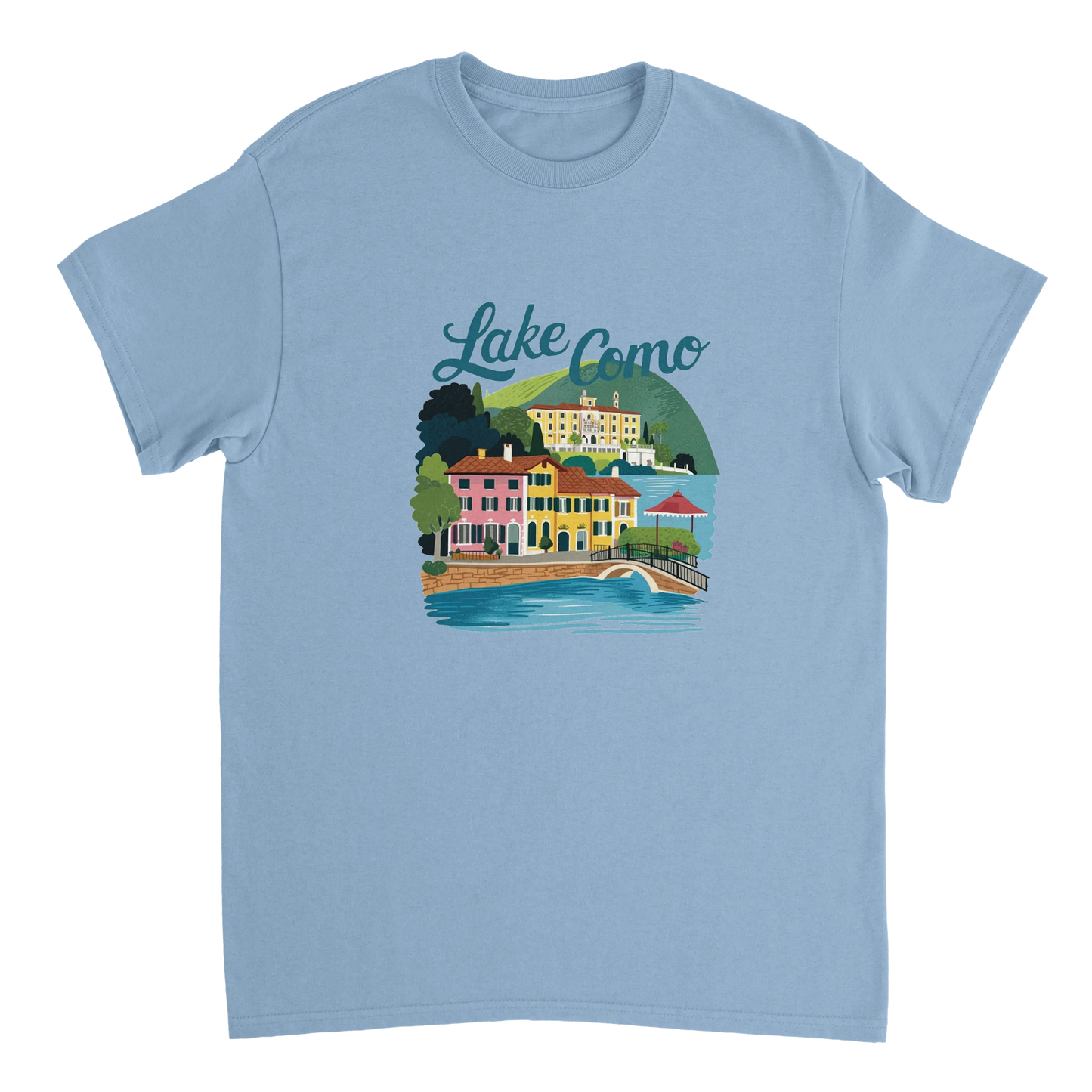light blue Lake Como Italy Unisex Travel T-Shirt perfect for travelers and gift seekers