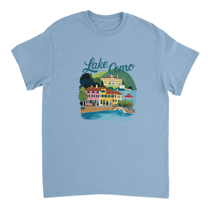 light blue Lake Como Italy Unisex Travel T-Shirt perfect for travelers and gift seekers