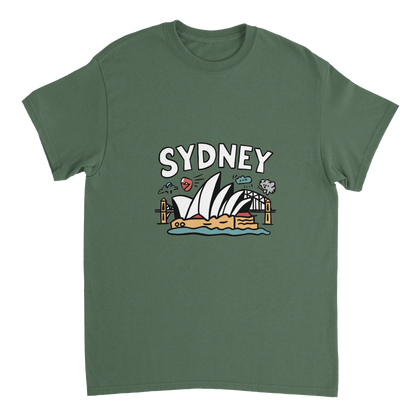 military green Sydney Australia Unisex Travel T-Shirt perfect for travelers and gift seekers