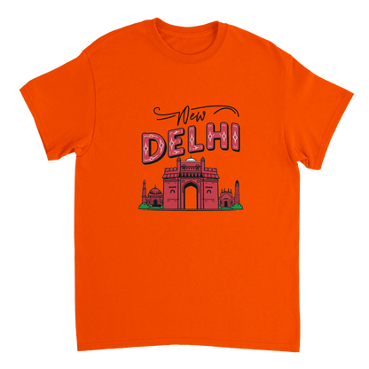 orange New Delhi India Unisex Travel T-Shirt perfect for travelers and gift seekers