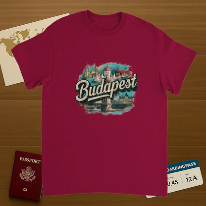 cardinal red Budapest Hungary Unisex Travel T-Shirt on wooden background with world map, passport, and boarding pass