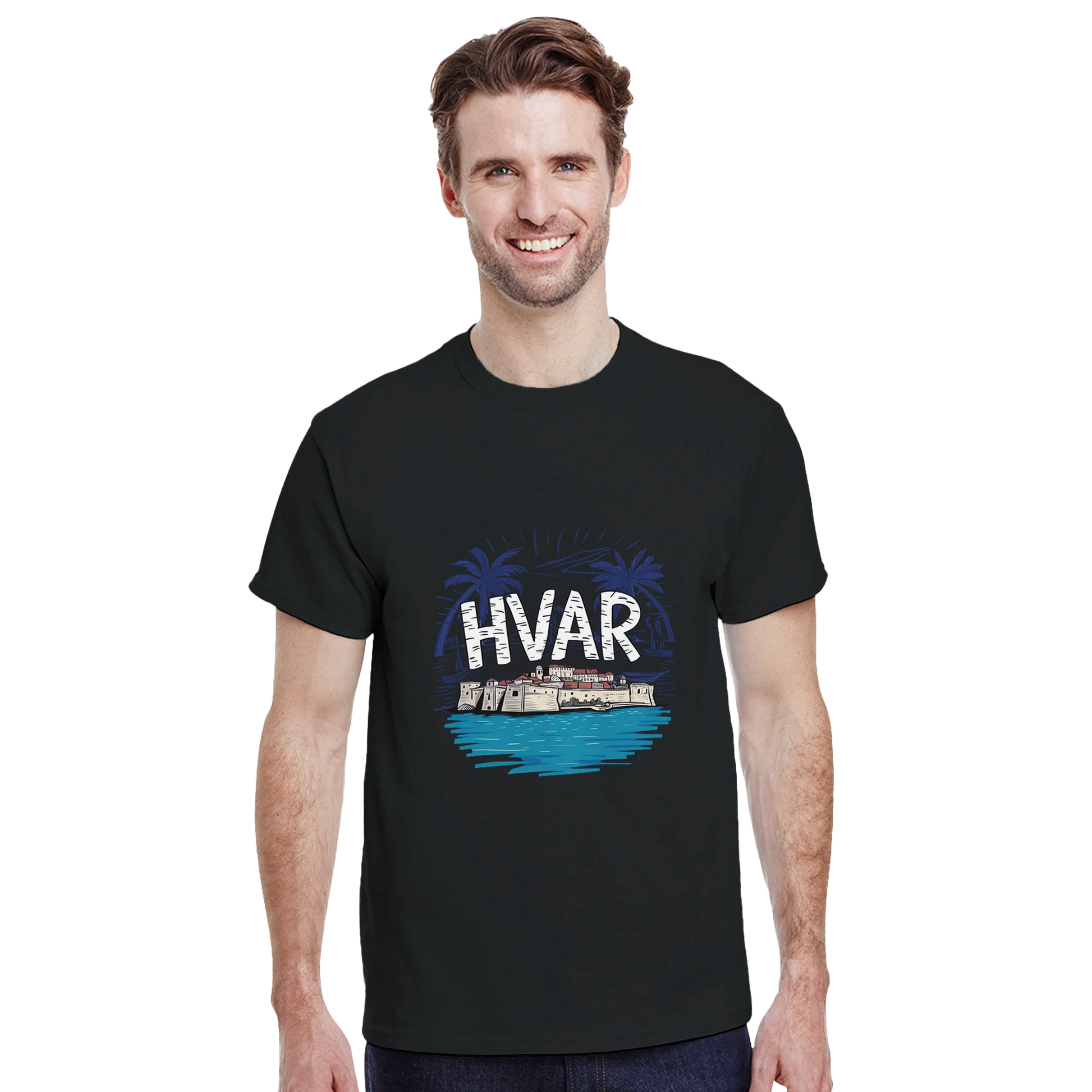 Hvar Croatia Unisex Travel T-Shirt featuring a man perfect for travelers and gift seekers