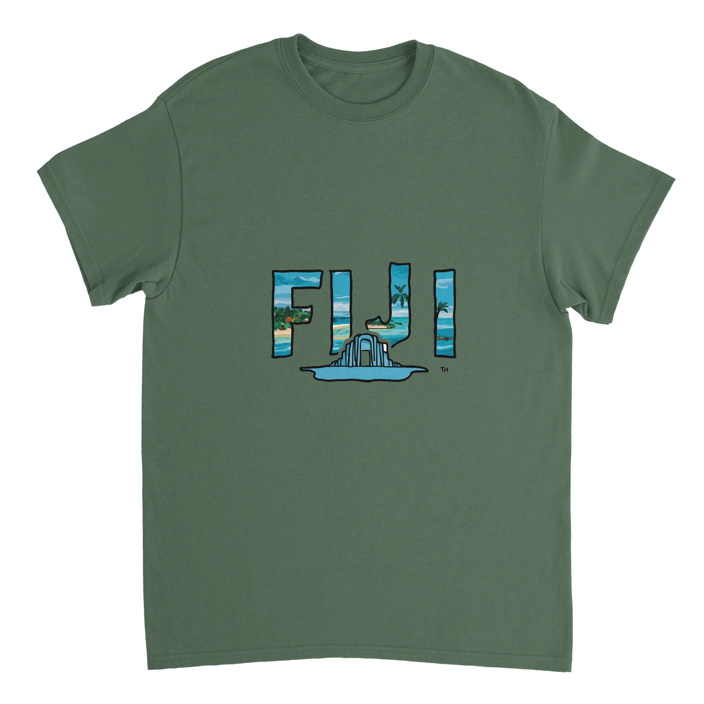 military green Fiji Unisex Travel T-Shirt perfect for travelers and gift seekers