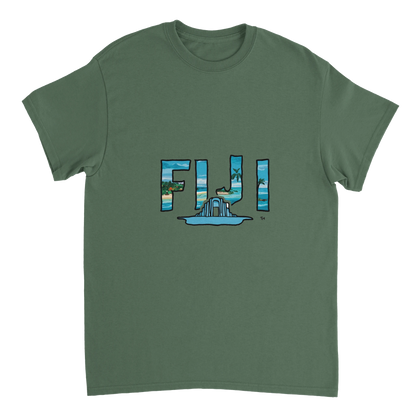 military green Fiji Unisex Travel T-Shirt perfect for travelers and gift seekers