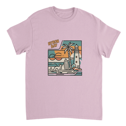 light pink Byron Bay Australia Unisex Travel T-Shirt perfect for travelers and gift seekers